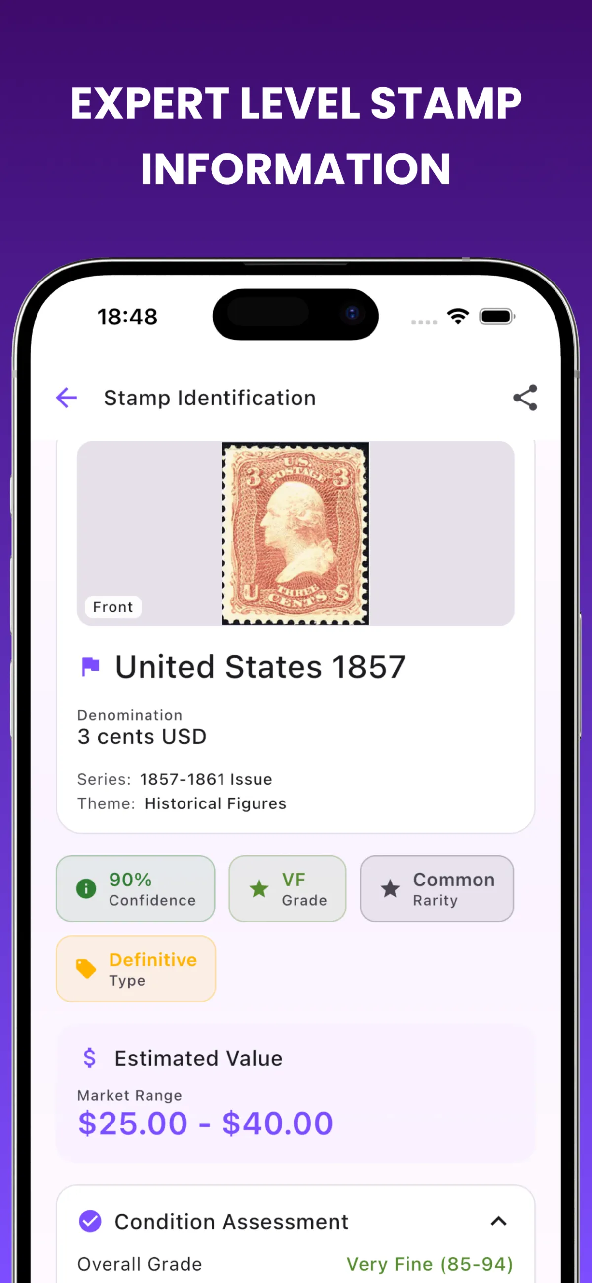 StampID app showing a stamp identification with catalogue details