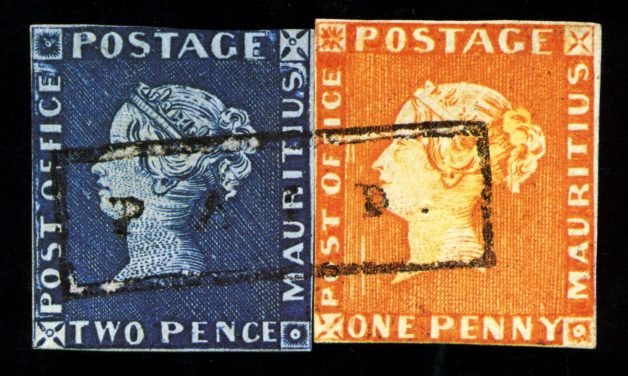 Mauritius Post Office Two Pence blue and One Penny orange stamps 1847
