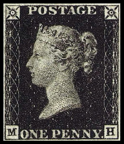 Penny Black 1840 - the world's first adhesive postage stamp showing Queen Victoria