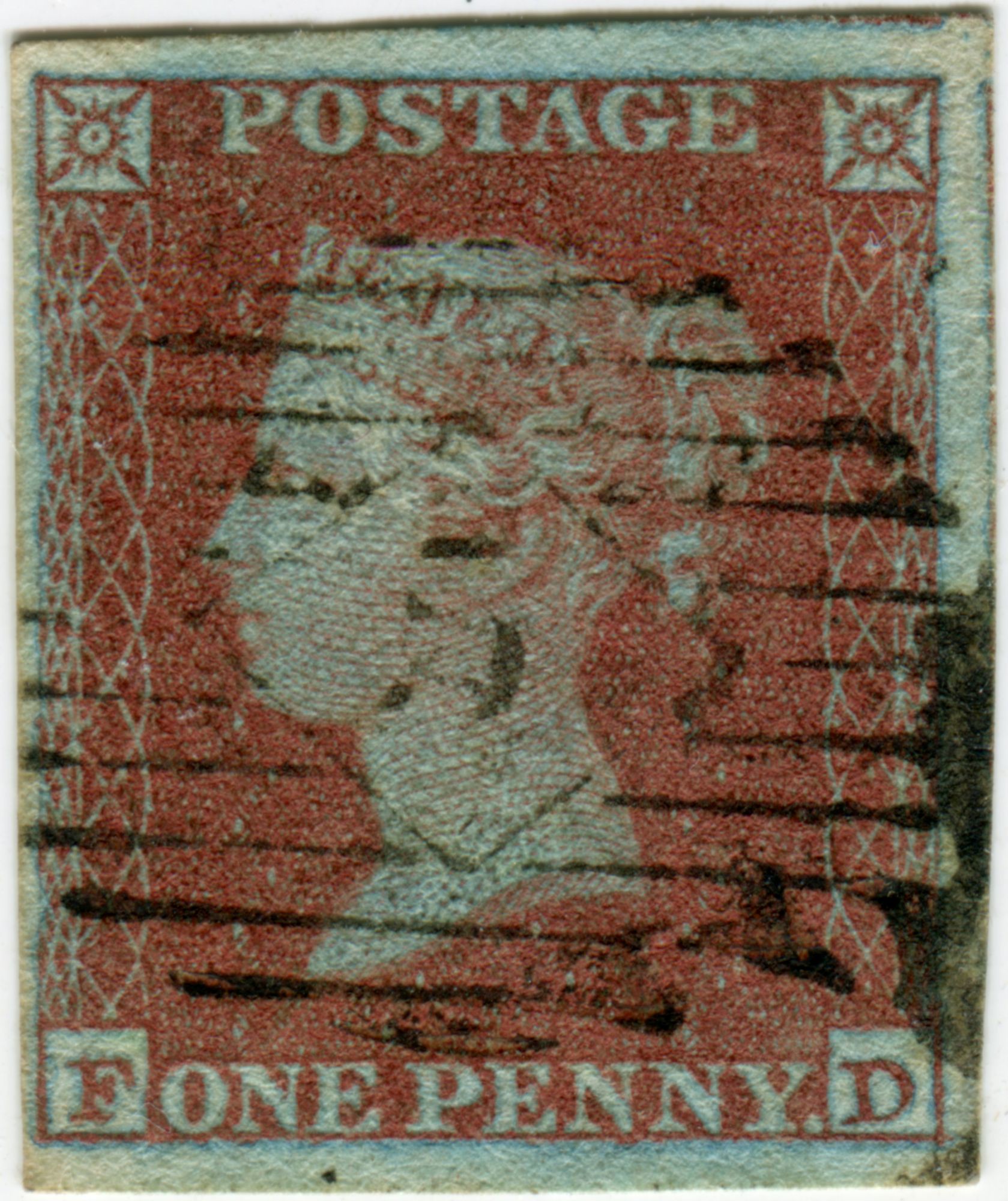 Great Britain Penny Red stamp, 1841 — imperforate on blued paper