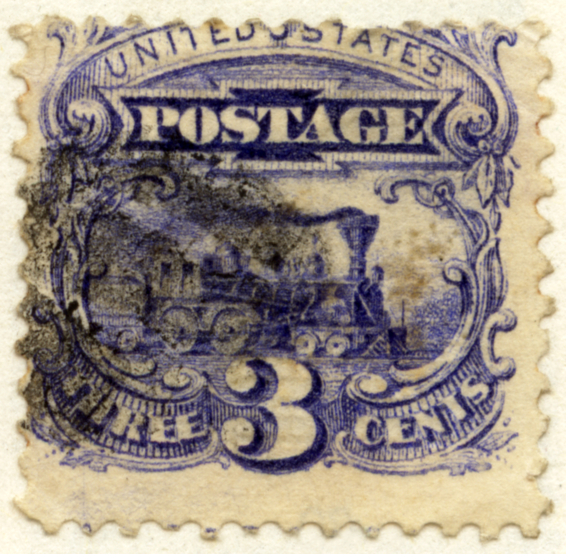 US 1869 3-cent Locomotive stamp — first US pictorial issue