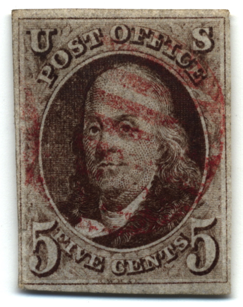 US 5-cent Benjamin Franklin stamp, 1847 — first US postage stamp