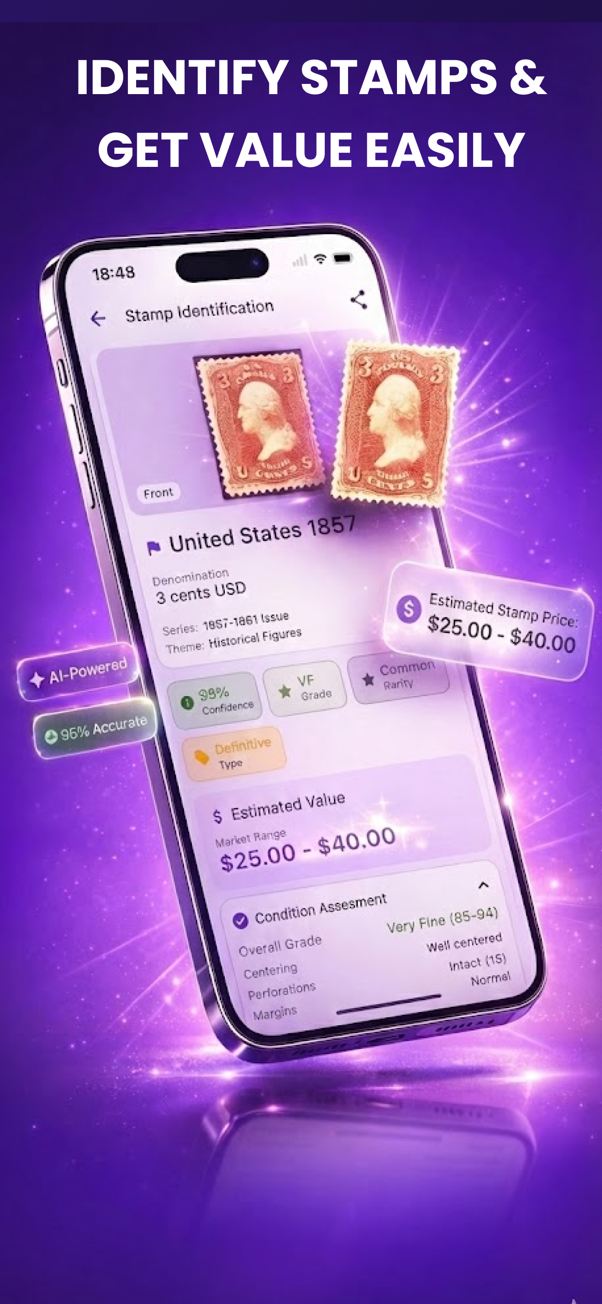 StampID app showing AI stamp identification with value estimation