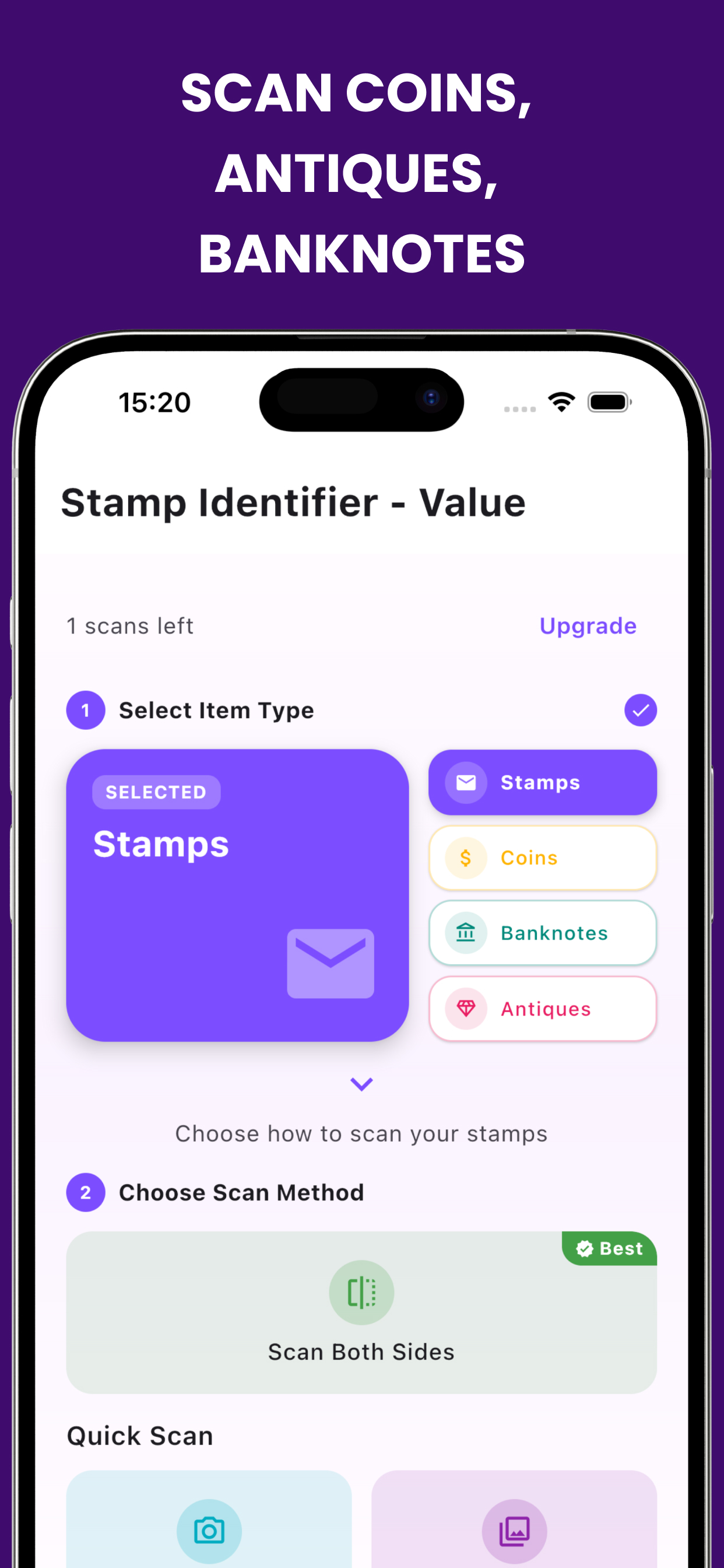 Scan interface supporting stamps, coins, banknotes and antiques